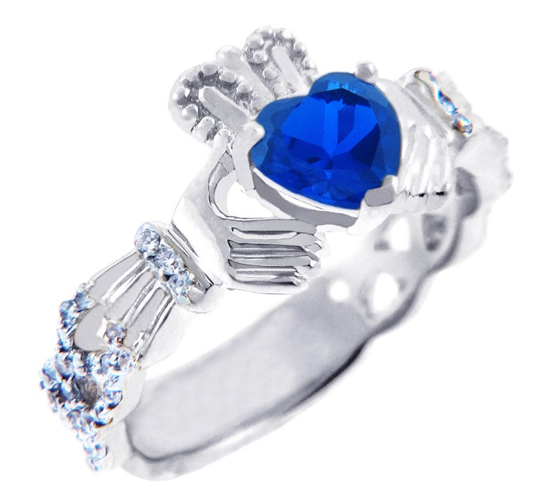 white gold diamond claddagh ring 0.40 carats with sapphire stone white gold diamond claddagh ring 0.40 carats with sapphire stone