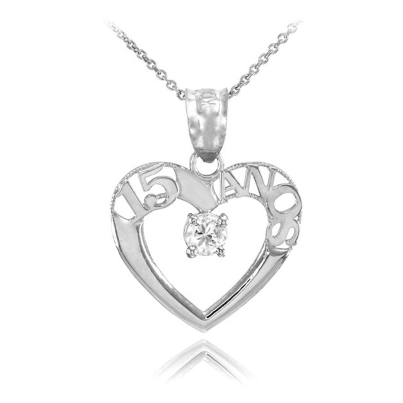 14k White Gold 15 Años Heart Cz Pendant Necklace Quinceanera Quinceañera