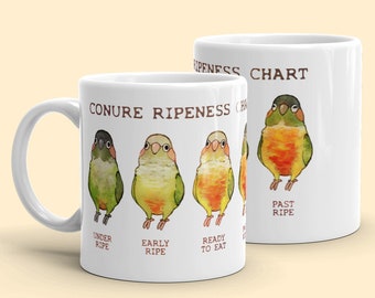 Op de afbeelding: Witte keramische mok met een illustratie van een conure rijpheidstabel. De tabel toont de rijpheidsstadia met afbeeldingen van de vogel. Tekst omvat "Under Ripe", "Early Ripe", "Ready to Eat" en "Past Ripe".