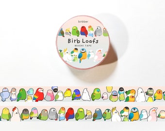 May include: A roll of washi tape featuring a variety of colorful birds. The tape is labeled "Birb Loaf's Washi Tape" and is packaged in a round container with the brand name "birbber".