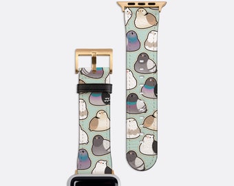 May include: A light blue Apple Watch band with a pattern of colorful cartoon pigeons. The band is made of leather and has a gold buckle.