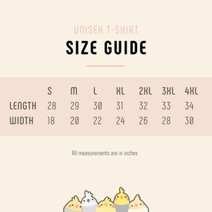 May include: Unisex t-shirt size guide with measurements in inches for length and width. Sizes range from S to 4XL.