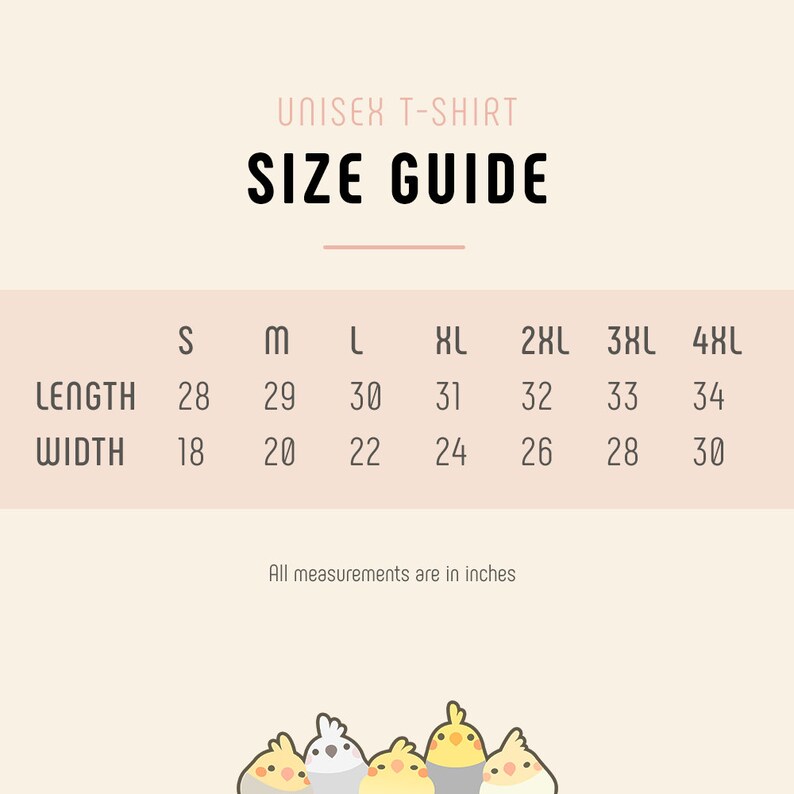 May include: Unisex t-shirt size guide with measurements in inches for length and width. Sizes range from S to 4XL.