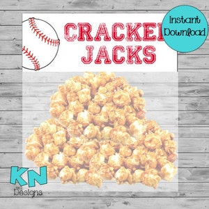 May include: A white bag with a red and white baseball graphic and the text "Cracker Jacks" in red. The bag is filled with caramel popcorn. The text "Instant Download" is in a blue circle on the bag.