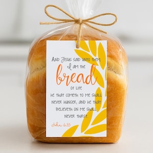 Bibelvers druckbares Tag - Brot des Lebens, christliches Geschenk für die Kirche, Johannes 6:35 Schrift, Handout der Frauenhilfsvereinigung