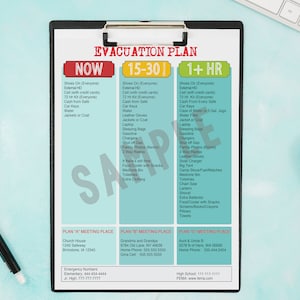 Puede incluir: Una lista de verificación de plan de evacuación imprimible con tres columnas etiquetadas "Ahora", "15-30" y "1+ hora". Cada columna enumera los artículos que se deben reunir en caso de emergencia, como zapatos, discos duros externos, teléfonos celulares, efectivo, llaves de automóvil, agua, chaquetas y más. La parte inferior de la lista de verificación incluye tres lugares de reunión diferentes etiquetados como "Plan A", "Plan B" y "Plan C" con información de contacto para cada ubicación.