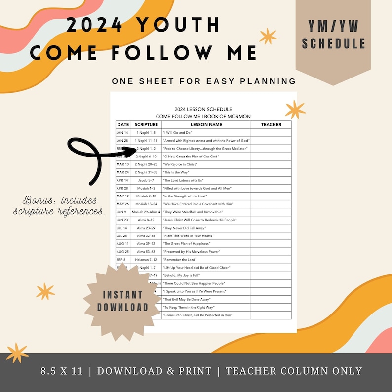YM YW 2024 Come Follow Me Lesson Book of Mormon Year at a Glance Etsy