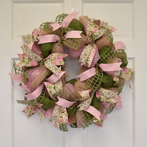Pink Moss Green and Natural Shabby Chic Rose Wreath