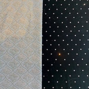 May include: Two fabric swatches, one with a white background and a silver glitter pattern, and the other with a black background and silver glitter dots. The text "royal greens" is printed at the top of the image. The swatches are labeled "1" and "2".
