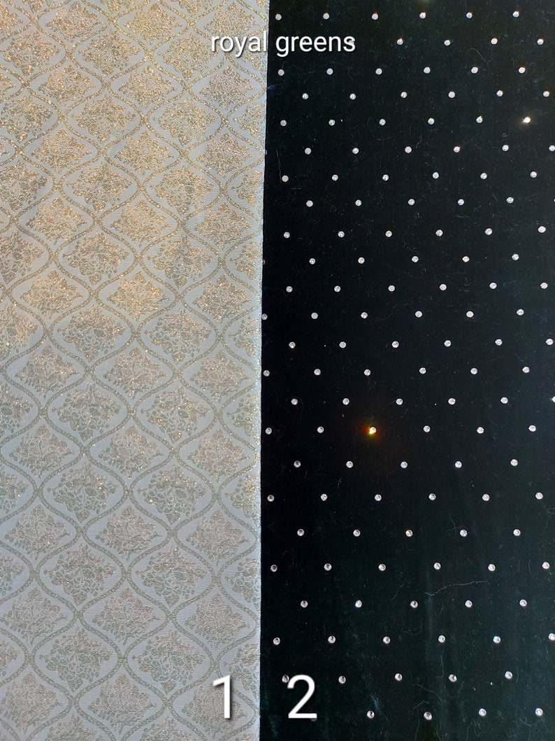 May include: Two fabric swatches, one with a white background and a silver glitter pattern, and the other with a black background and silver glitter dots. The text "royal greens" is printed at the top of the image. The swatches are labeled "1" and "2".