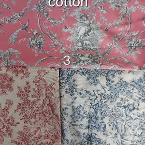 May include: Three fabric swatches with a toile de jouy pattern. The top swatch is pink with a white design. The bottom left swatch is white with a red design. The bottom right swatch is white with a blue design.