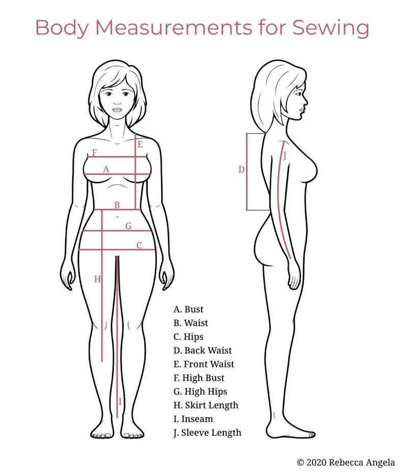 May include: A line drawing of a woman's body with labels for different body measurements, including bust, waist, hips, back waist, front waist, high bust, high hips, skirt length, inseam, and sleeve length.