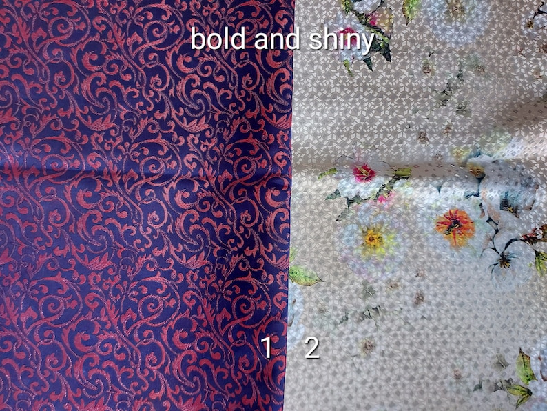 May include: Two fabric swatches side-by-side. The left swatch is a deep blue fabric with a red floral pattern. The right swatch is a light beige fabric with a white floral pattern. The text "bold and shiny" is written on the image.