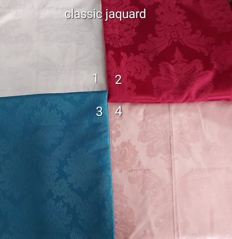 May include: Four fabric swatches with a classic jacquard pattern. The swatches are white, red, teal, and pink.