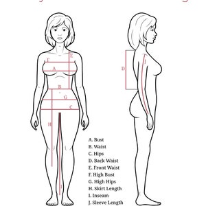 May include: Diagram showing body measurements for sewing, including bust, waist, hips, back waist, front waist, high bust, high hips, skirt length, inseam, and sleeve length.