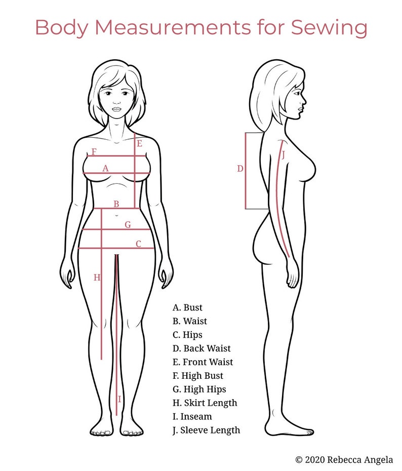 May include: Diagram showing body measurements for sewing, including bust, waist, hips, back waist, front waist, high bust, high hips, skirt length, inseam, and sleeve length.