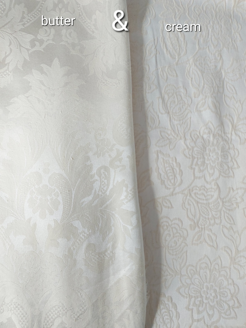 May include: Two fabric swatches, one labeled "butter" and the other "cream", both with a white embossed floral pattern.