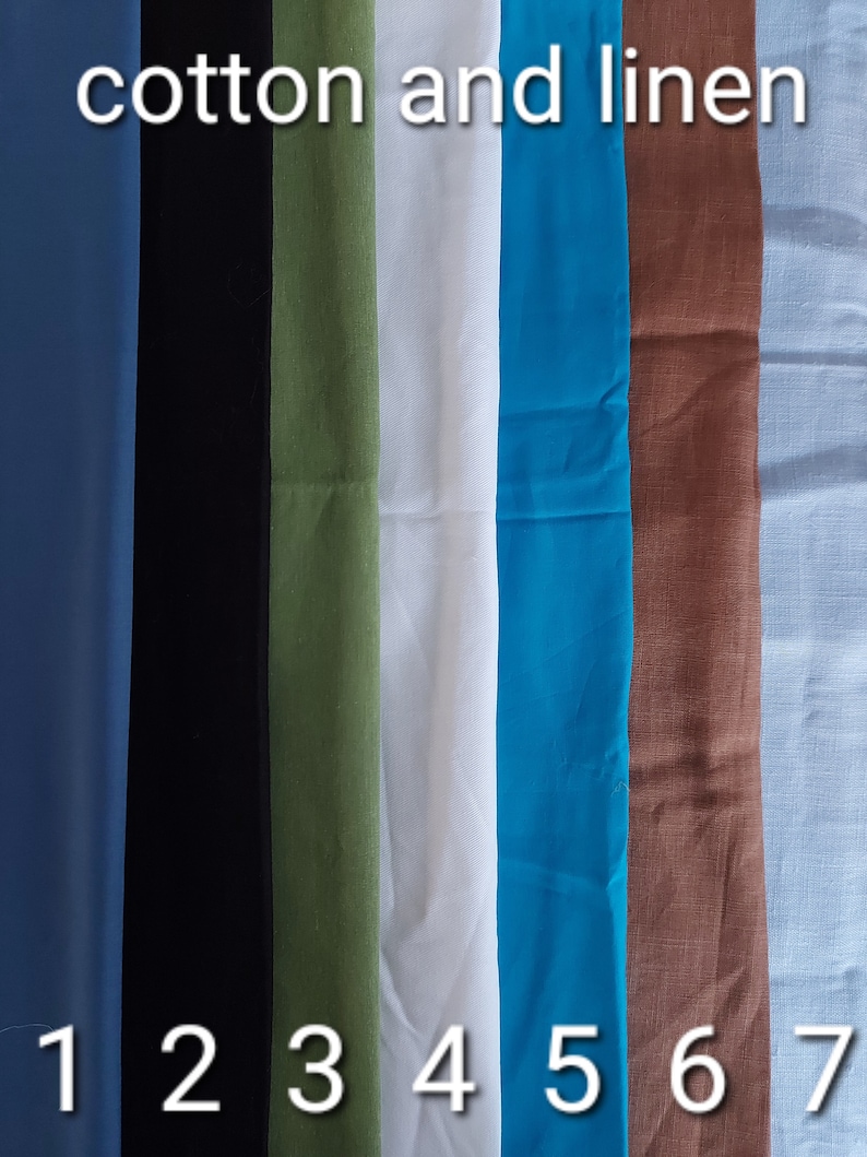 May include: Seven fabric swatches labeled 1 through 7. The swatches are in the following colors: blue, black, green, white, turquoise, brown, and light blue. The text "cotton and linen" is printed above the swatches.