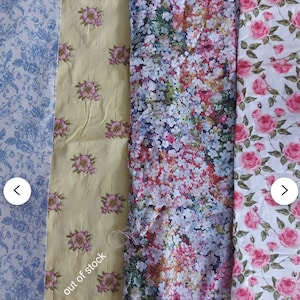 May include: Four fabric swatches with floral patterns. The first swatch is light blue with a small white floral pattern. The second swatch is yellow with a pink floral pattern. The third swatch is white with a pink, blue, and green floral pattern. The fourth swatch is white with a pink rose pattern. The swatches are labeled 1, 2, 3, and 4. The second swatch is labeled "out of stock".