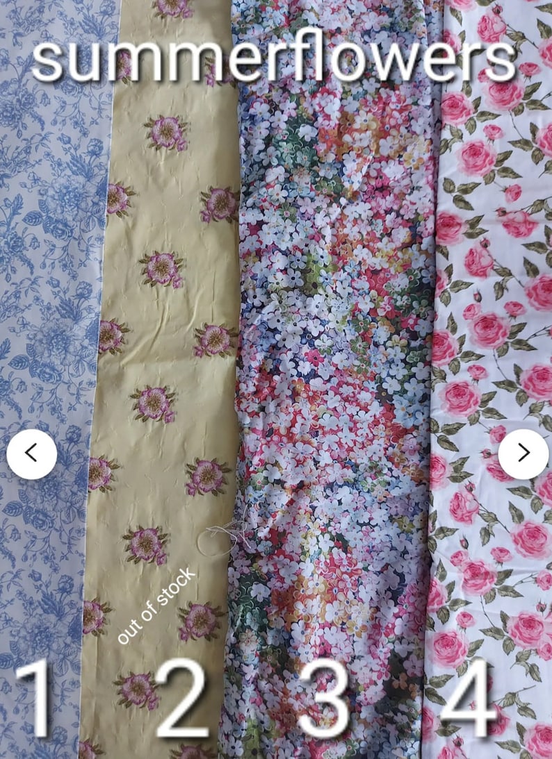 May include: Four fabric swatches with floral patterns. The first swatch is light blue with a small white floral pattern. The second swatch is yellow with a pink floral pattern. The third swatch is white with a pink, blue, and green floral pattern. The fourth swatch is white with a pink rose pattern. The swatches are labeled 1, 2, 3, and 4. The second swatch is labeled "out of stock".