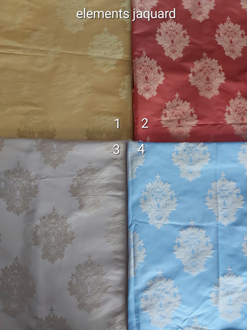 May include: Four fabric swatches with a damask pattern. The swatches are in the following colors: yellow, red, gray, and light blue.