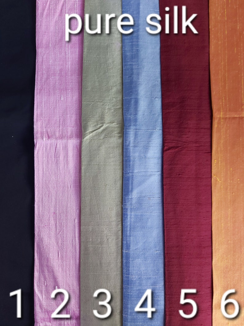 May include: Six fabric swatches labeled 1 through 6. The swatches are in the following colors: black, pink, light green, light blue, burgundy, and orange. The text "pure silk" is printed above the swatches.