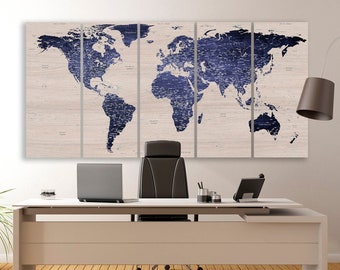 Blue World Map Canvas Print: Large Travel Wall Art