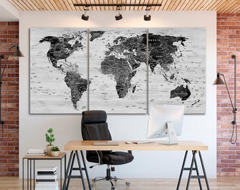 Framed World Map Canvas: Large Travel Art, Push Pin Decor