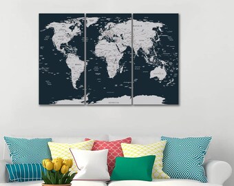 World map canvas Rustic world map decor Large world map Push Pin map art Wood World Map canvas Extra large wall art Travel poster