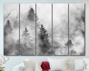 Lienzo decorativo de bosque brumoso: conjunto de impresiones de árboles