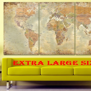 Vintage Weltkarte Leinwand Weltkarte Dekor Große Weltkarte Multi Panel Weltkarte Push Pin Karte Leinwand Extra große Wandkunst