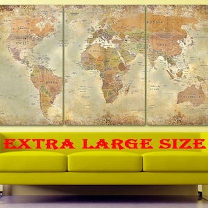 Vintage World Map in FRENCH World map canvas Carte du monde en français Extra Large world map Multi panel world map Push pin map canvas