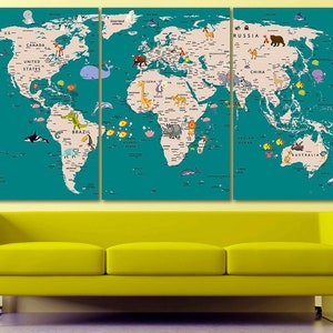 Tier Weltkarte Leinwand Kinder Weltkarte Dekor Große Weltkarte Kinderzimmer Kunst Tier Karte Leinwand Extra große Wand Kunst Reise Poster Push Pin
