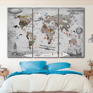 Kinder Weltkarte Leinwand Kinderzimmer Deko Spielzimmer Wanddekoration Wohnzimmer Wandkunst Kind Wandkunst 1. Geburtstag Dekoration Große Weltkarte