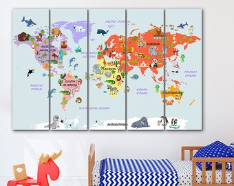 Animal World Map Canvas: Kids Nursery Decor, Large Wall Art