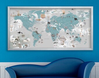 French Animal World Map Canvas: Kids Nursery Decor