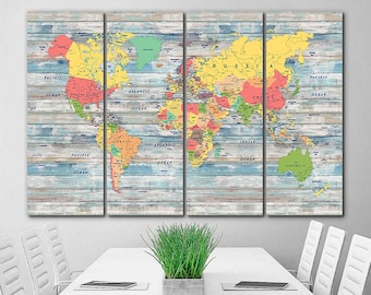 Wood World Map canvas Farmhouse world map canvas Rustic world map decor Large world map Push Pin map art Extra large wall art Travel Canvas