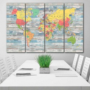 Wood World Map canvas Boerderij wereldkaart canvas Rustiek wereldkaart decor Grote wereldkaart Push Pin kaartkunst Extra grote muurkunst Reiscanvas