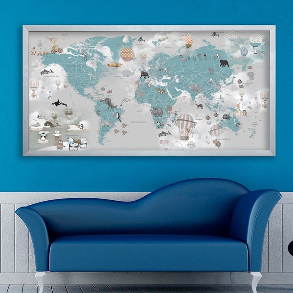 Nursery World Map Canvas in FRENCH World map Carte du monde en français Large world map Decoration kids room art Animal map canvas Wall art