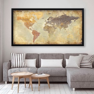Vintage Weltkarte in SPANISCH Weltkarte Leinwand Mapa del mundo en español Große Weltkarte Reise Kunst Druck Pin Karte Leinwand Extra große Wandkunst