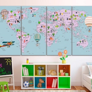 Alphabet Weltkarte Kinder Weltkarte Deko Große Weltkarte Kinderzimmer Kunst Tier Karte Leinwand Extra große Wandkunst ABCs Poster Push Pin Leinwand
