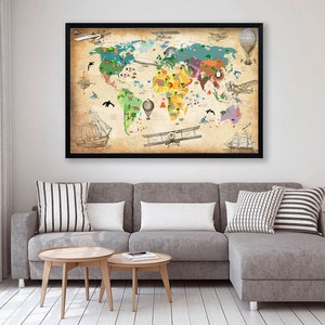 Kinder Weltkarte Leinwand Tier Weltkarte Dekor Große Weltkarte Kinderzimmer Kunst Tier Karte Leinwand Extra große Wandkunst Reise Leinwand Push pin