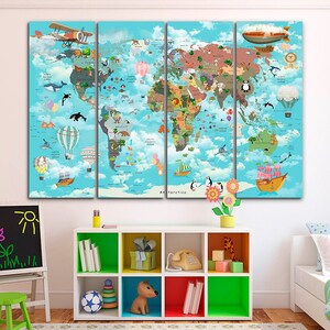 Tier Weltkarte Leinwand Kinder Weltkarte Dekor Große Weltkarte Kinderzimmer Kunst Tier Karte Leinwand Extra große Wand Kunst Reise Poster Push Pin