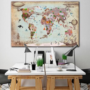 Kinderkamer Wereldkaart Canvas Kinderkamer Wanddecoratie Speelkamer wanddecoratie Kindermuurkunst Woonkamermuurkunstdecoratie Groot Dierenwereldkaart Canvas