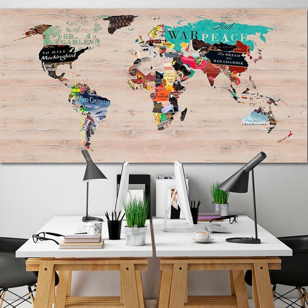 Literary map canvas Famous world authors Gift to the teacher Decor in the nursery Gift book lover Extra large wall art Playroom poster