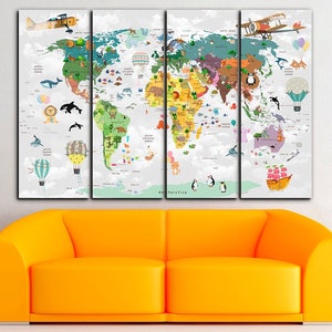 Kid World Map Canvas Kid Room Wall decor Speelkamer muur decor Woonkamer muur kunst Kind muur kunst Kwekerij Canvas decoratie Grote wereldkaart
