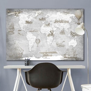 Kid World Map Canvas Kid room decor Speelkamer muur decor Woonkamer muur kunst Kind muur kunst Kwekerij Canvas Wanddecoratie Grote wereldkaart