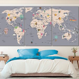 Graue Weltkarte Kinder Weltkarte Kinderzimmer Wandkunst Große Weltkarte Tier Karte Leinwand Extra große Wandkunst ABCs Poster Push Pin Leinwand