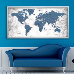 World Map Canvas in FRENCH World map Carte du monde en français Large world map Travel art Push pin map canvas Extra large wall art Decor