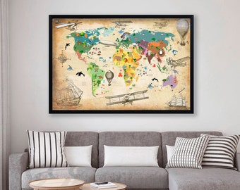 Kids World Map Canvas Animal world map decor Large world map Nursery art Animal map canvas Extra large wall art Travel Canvas Push pin